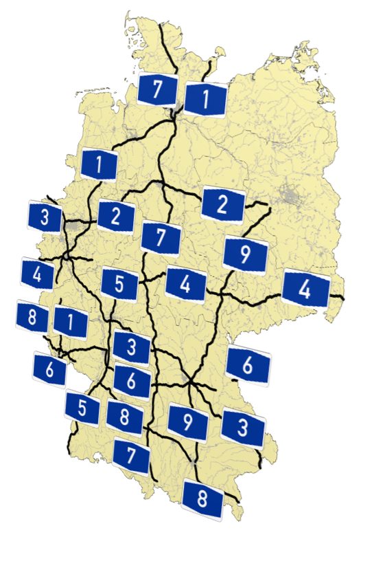 Autobahn 1 to 9 on a Map